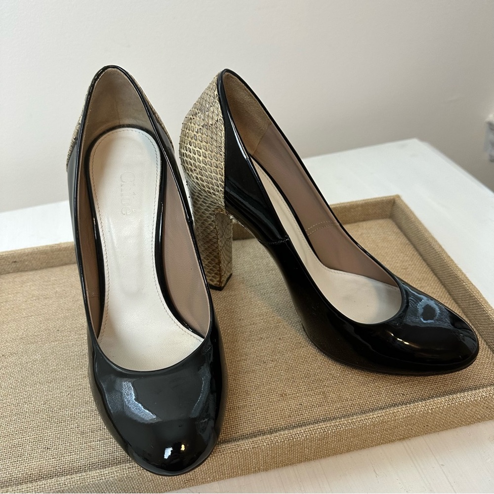Chloe Black Patent Leather & Python Print Pump - image 3